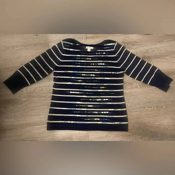Cold Water creek sequin stripe sweater Size Small 8 Navy - Picture 1 of 7